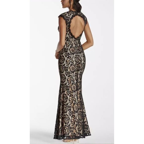 Betsy & Adam Black Lace Floral Nude Underlay Open Back Maxi Dress Size 4 2223 - Picture 5 of 16